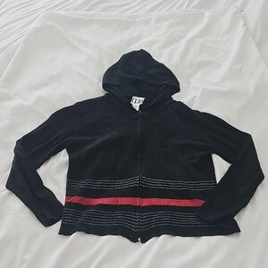 Clio Black Velour Zip Hoodie with Red Stripe Accents